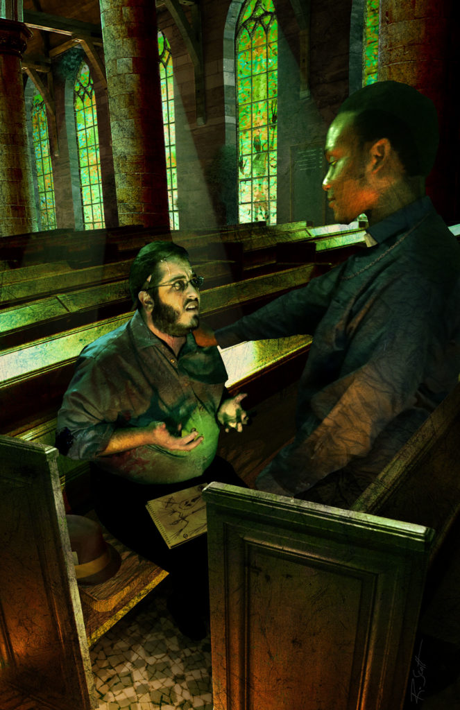 One of the illustrations for Lovecraftesque: a priest stands amongst the pews of a church, comforting a visibly stressed man, in whose lap is a notebook filled with drawings of a scary figure. In the background, the same scary figure is just visible pressed up against a stained glass window.