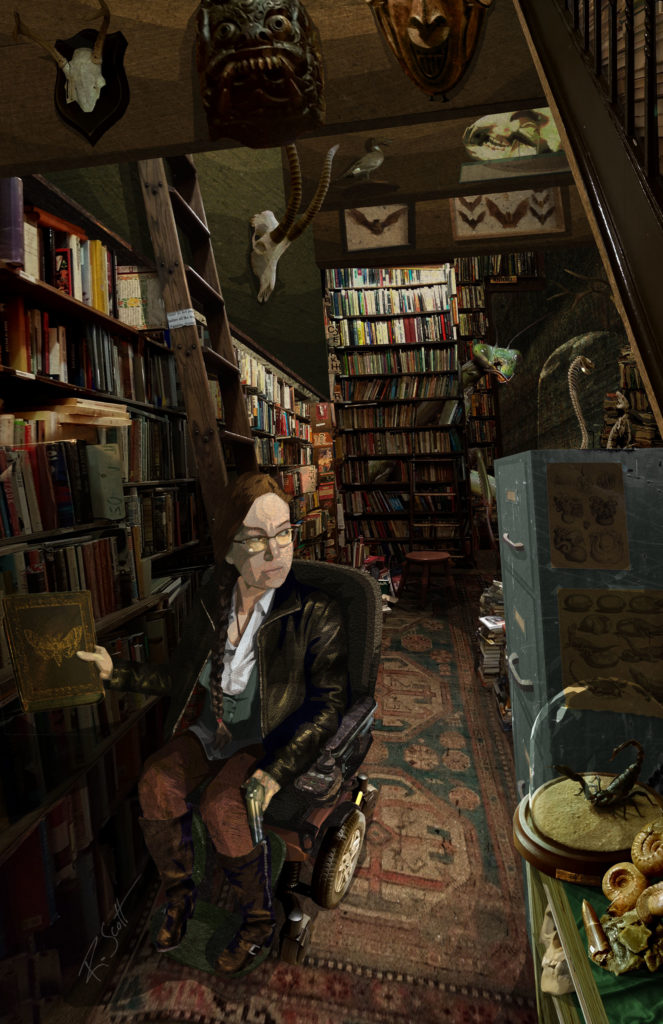 Image of a library. A woman in a wheelchair looks over her shoulder, holding a gun at the ready. Behind her, a monstrous praying mantis lurks amongst the bookshelves.