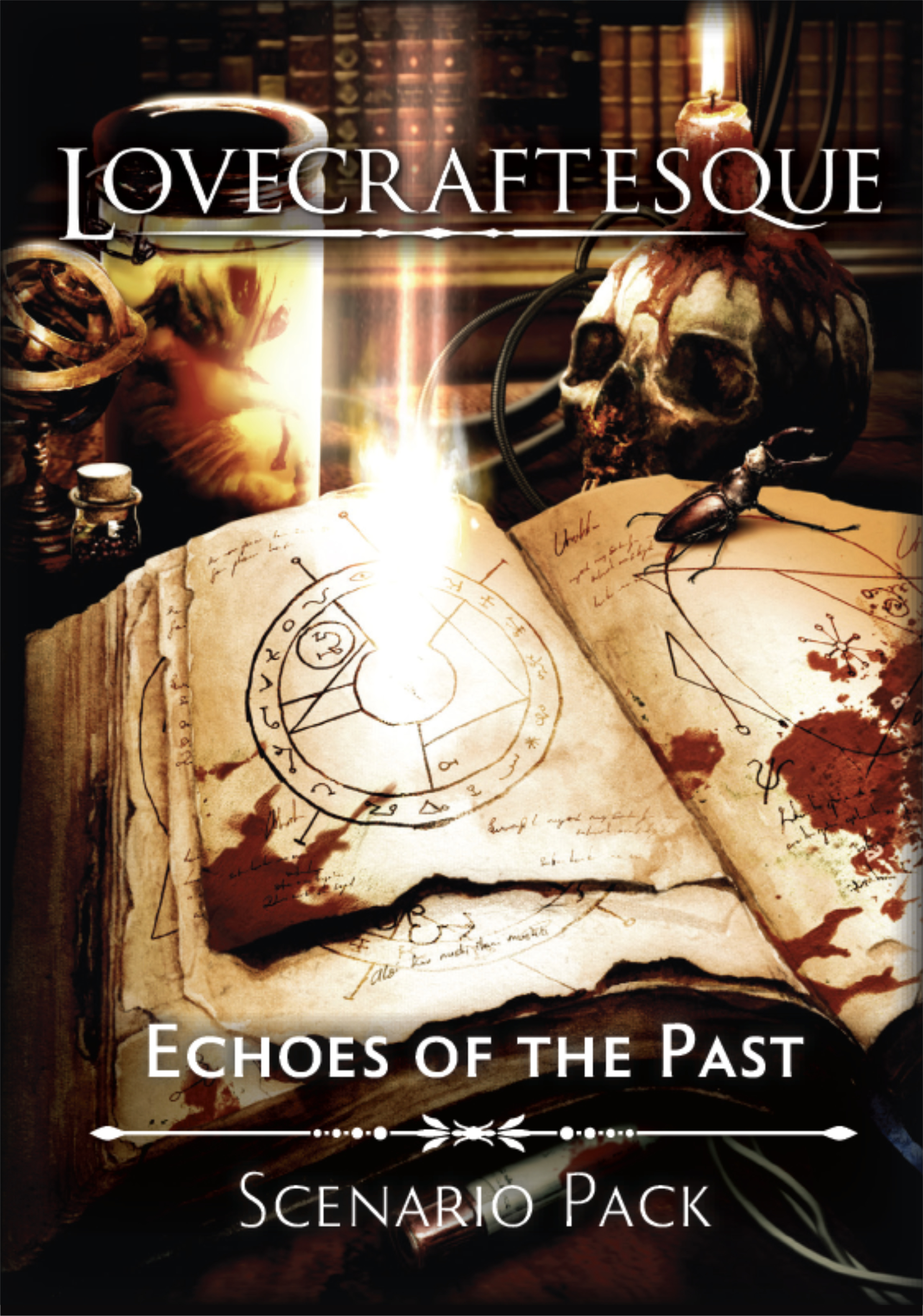 Echoes of the past cover showing a tome splattered with blood and sigils.