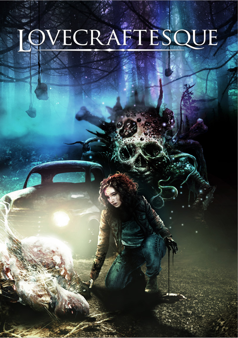 Lovecraftesque cover showing a woman kneeling down looking at some weird cocoons, with a lurking skull-faced monster amongst trees in the background.