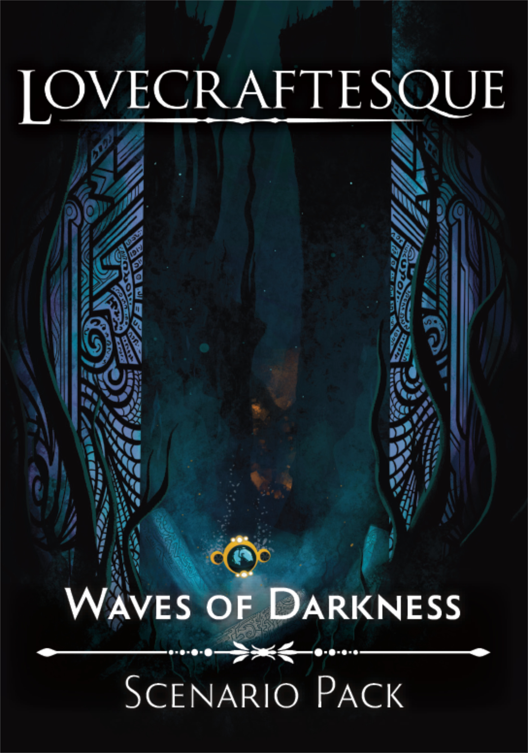 Waves of darkness cover showing a submarine surrounded by gigantic underwater cyclopean ruins.