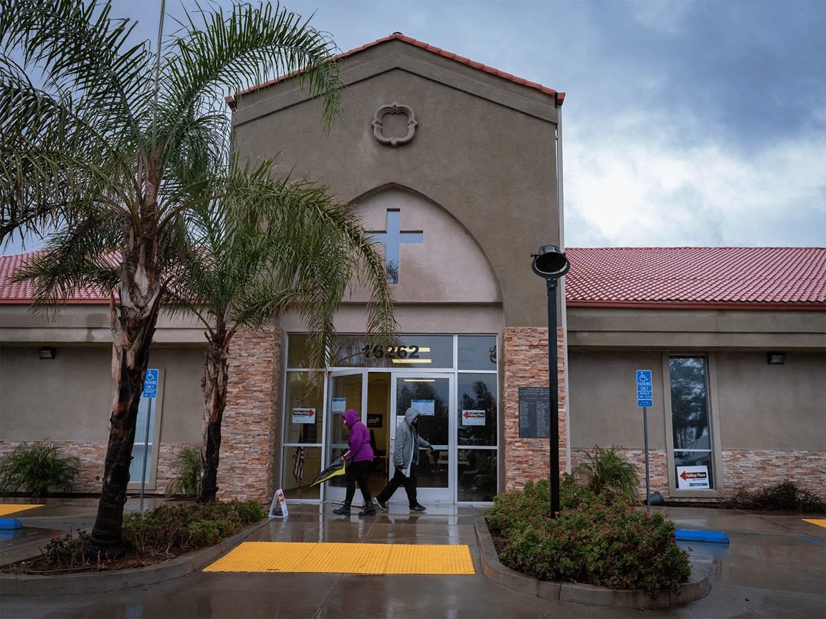 Voters exit Bethel AME Church in Fontana after voting on November 8, 2022. Voters in Fontana are voting to decide whether to re-elect mayor Acquanetta Warren who has served since 2010.