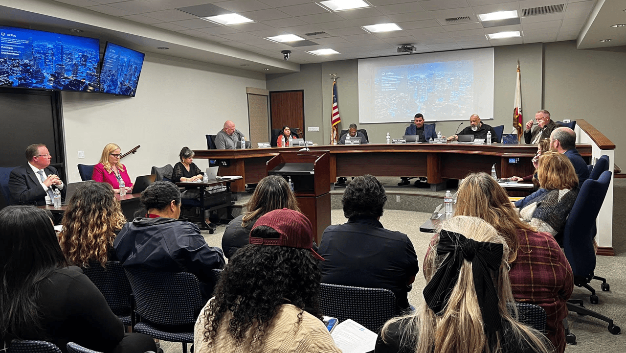 Attendees fill the meeting room as Perris Union High School District holds a special board of trustees meeting on Tuesday, March 5, 2024 in Perris, CA.