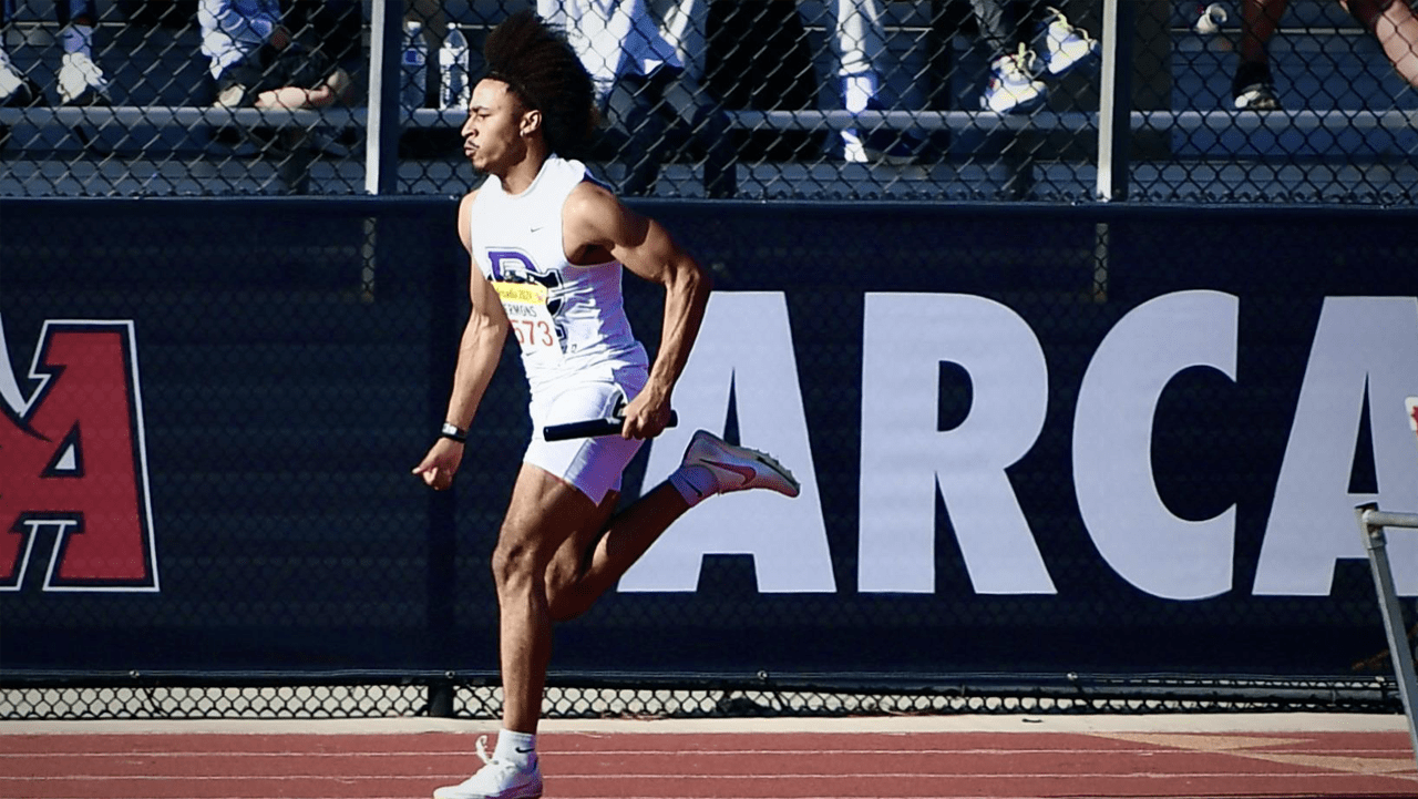 Rancho Cucamonga Junior Cameron Sermons, son of former USC running back Rodney Sermons, anchors his 4x100 team in 41.38 to win at the Arcadia Invitational.