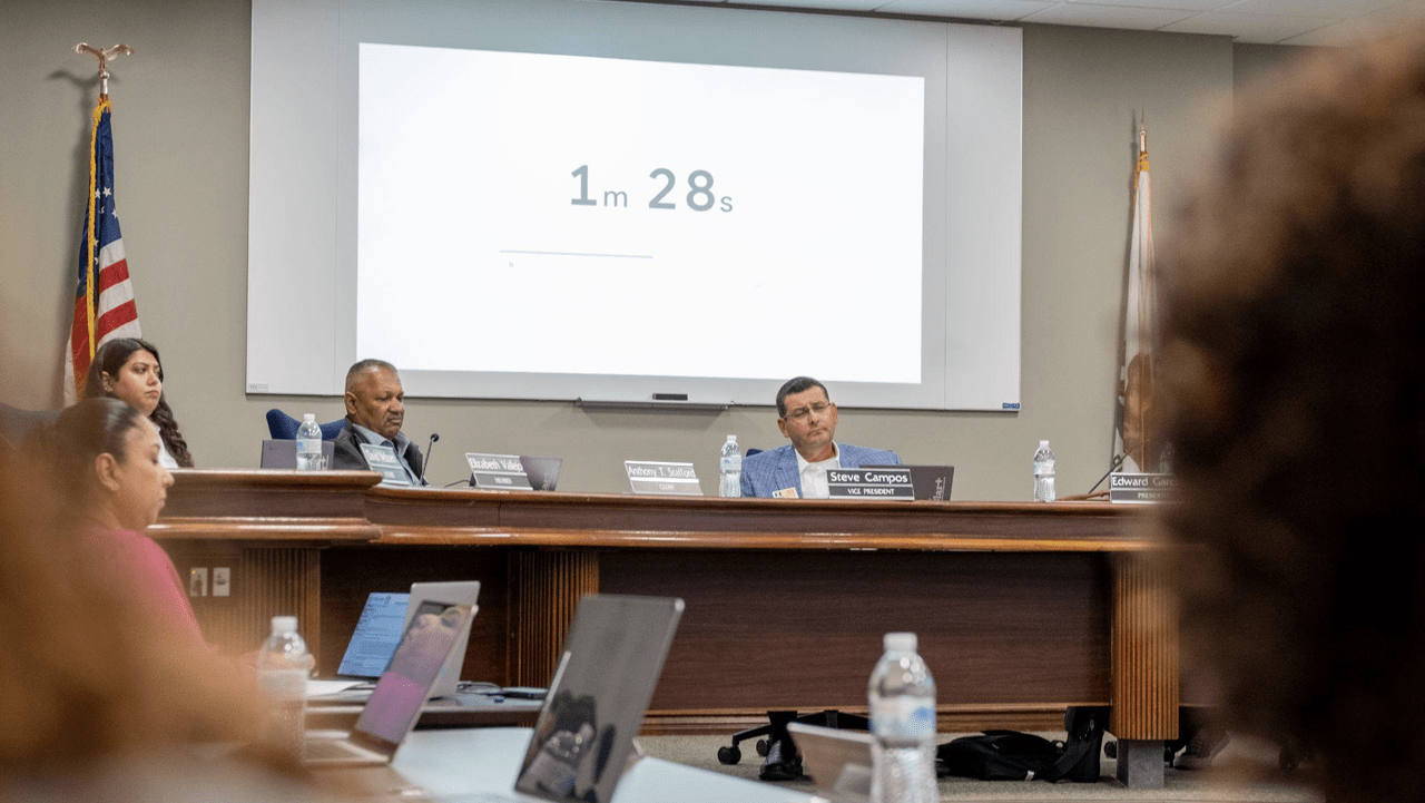 Trustee Anthony T. Stafford, Sr. (left) and Steve Campos (right) listen to speakers during public comment at the Perris Union High School District Board of Trustees meeting in Perris, California on May 15, 2024. In addition to his vote on the decision to defund the CARES Teams, Wellness Centers, and the Diversity Equity and Inclusion Director, Campos has recently been under scrutiny for retweets on social media account X (formerly Twitter).