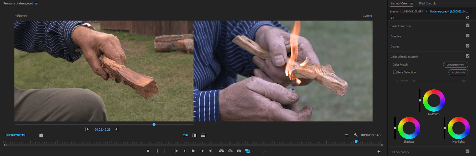 Shot Comparison View, before any adjustments.