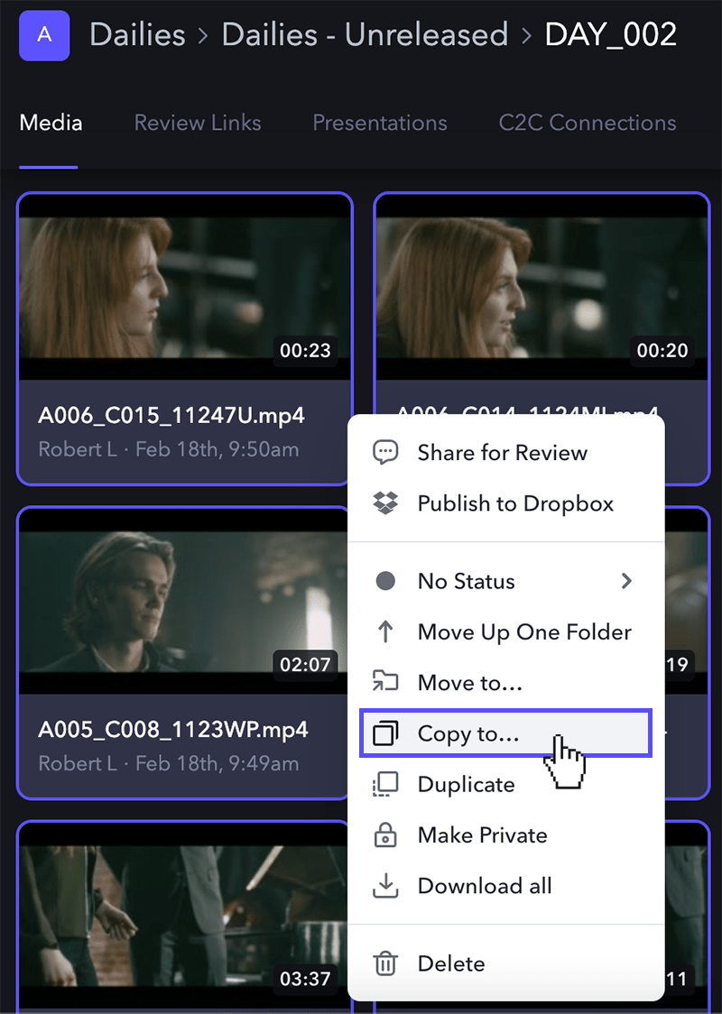 Frame.io Copy To