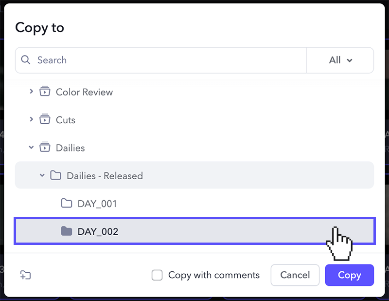 Frame.io Copy To dialog box