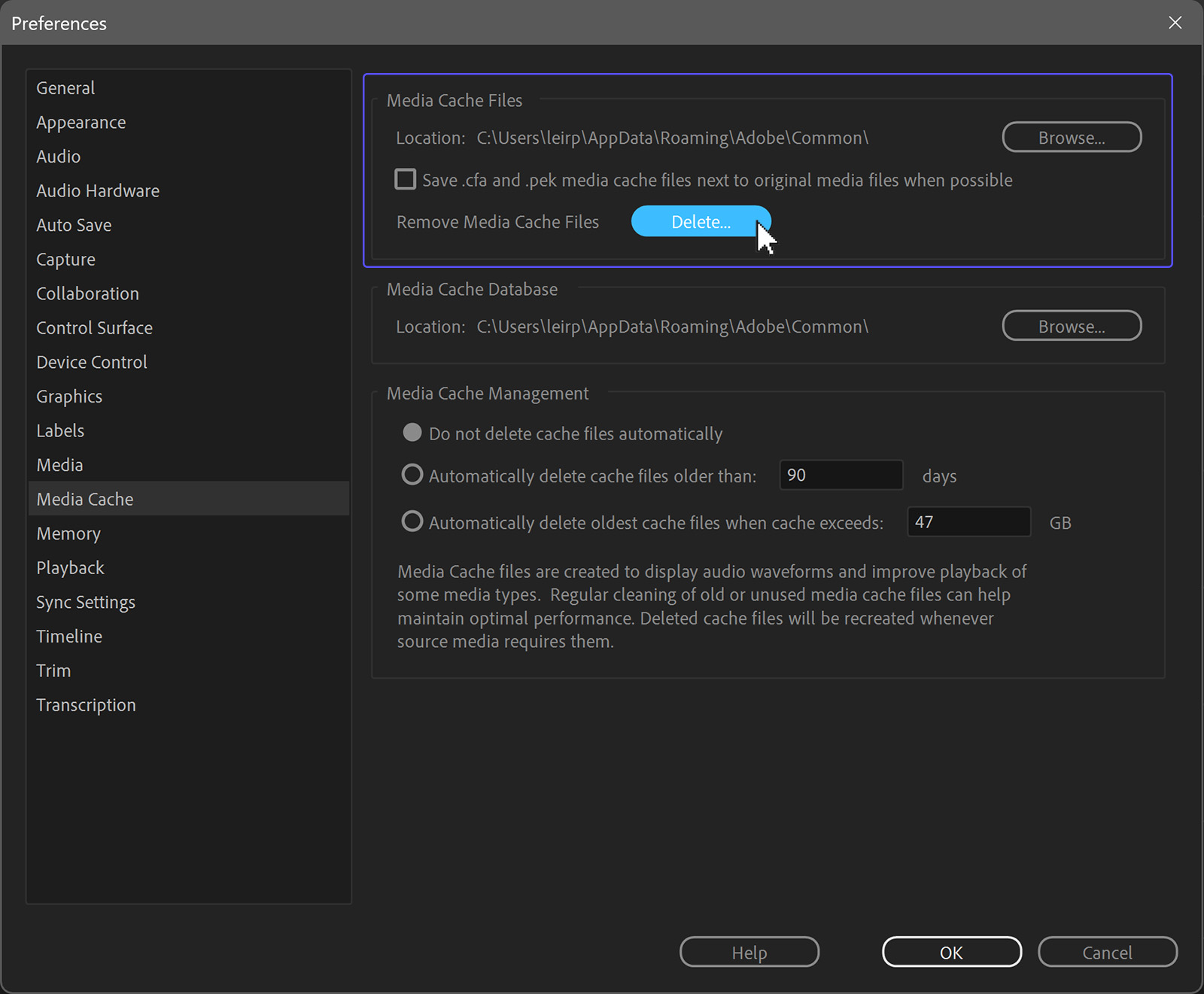 Locate the Media Cache setting in the Preferences panel…