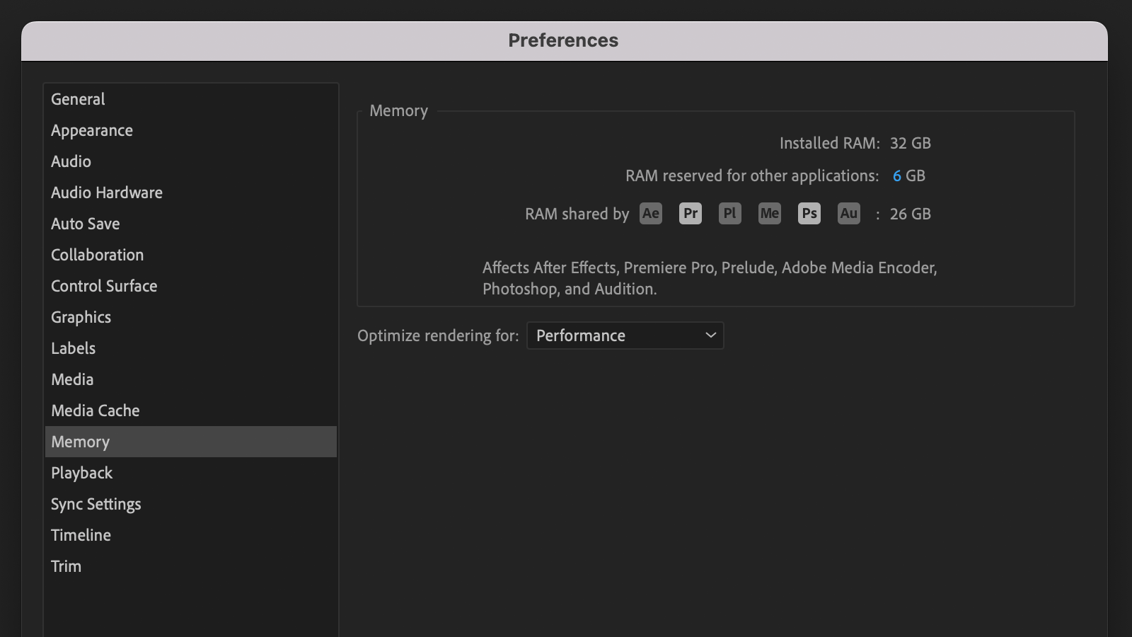 Premiere Pro memory preferences