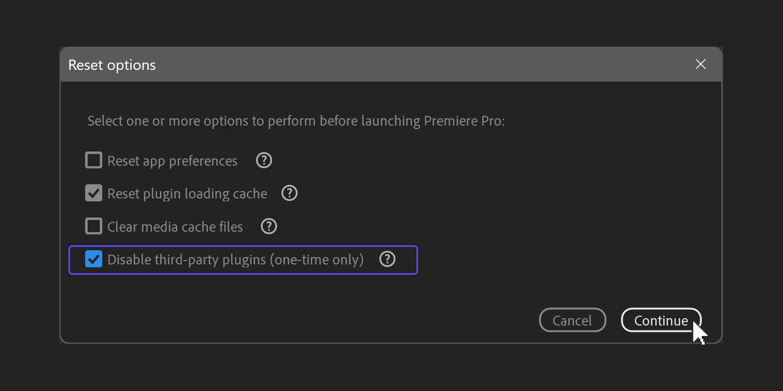 Use the Reset function to disable third-party plugins.