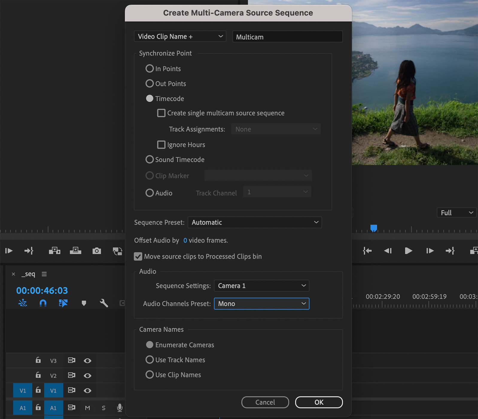 Premiere Pro’s Create Multi-Camera Source Sequence settings panel.