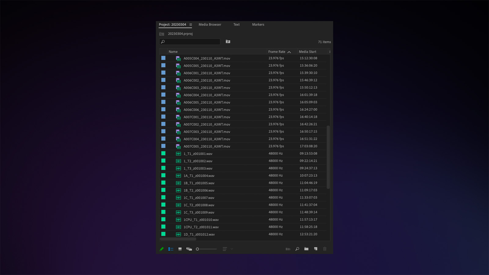 All A/V clips are imported into the root level of the dated dailies project.