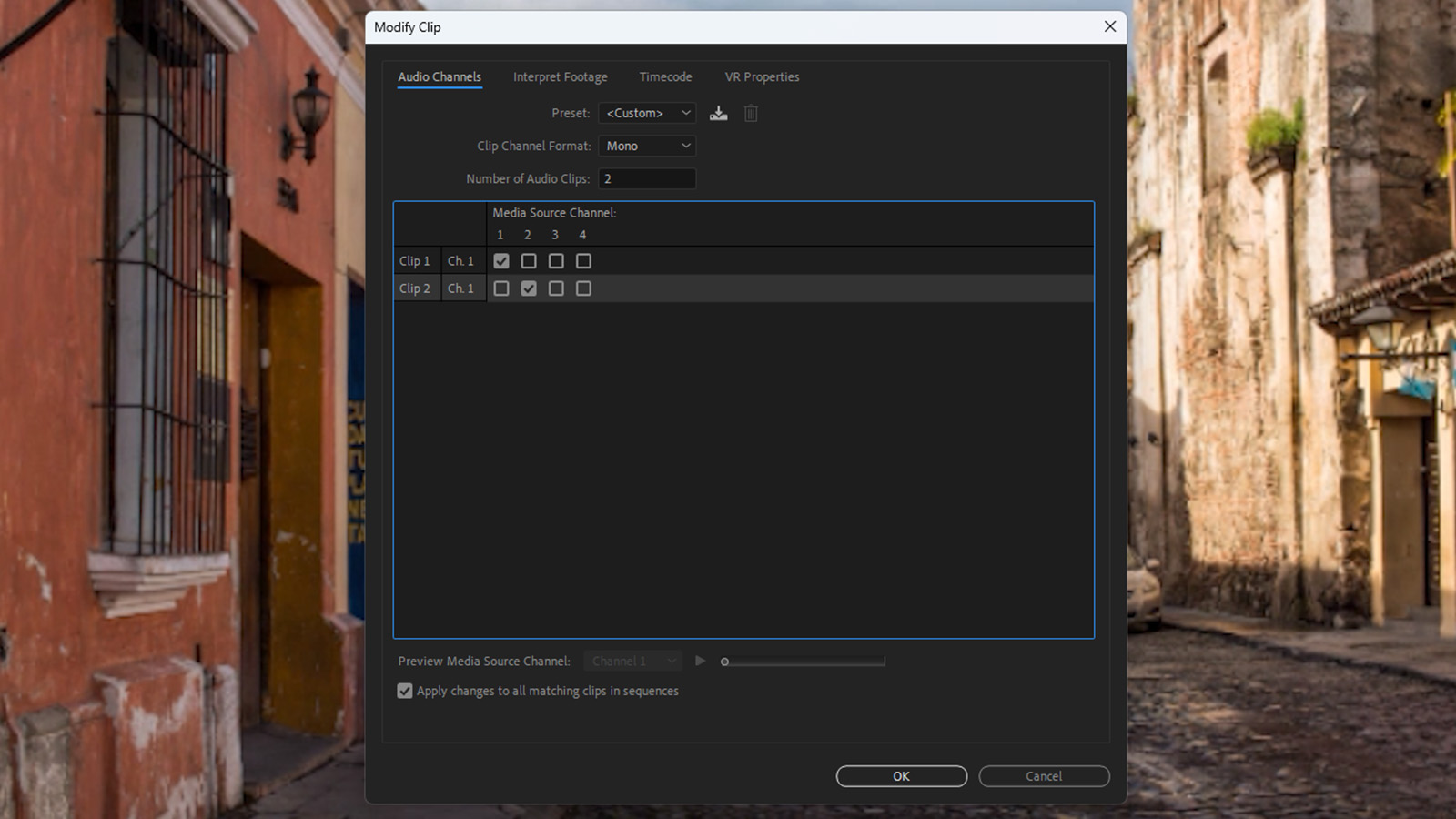 Using Premiere Pro’s Modify Clip tool to create mixdown tracks.