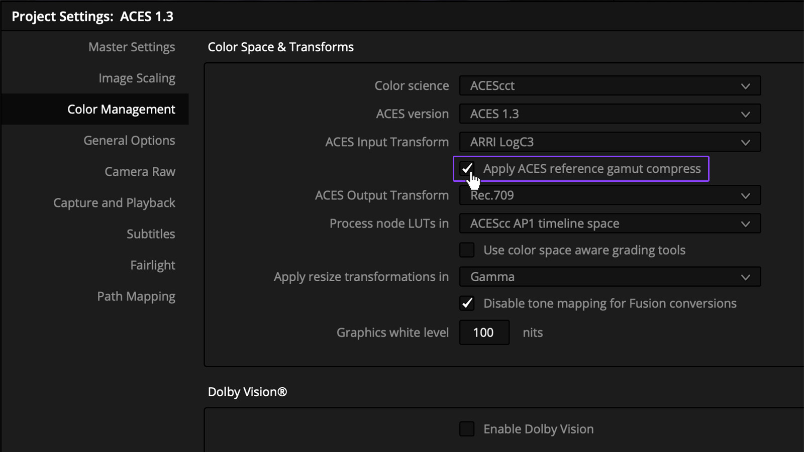 DaVinci Resolve gamut compression box