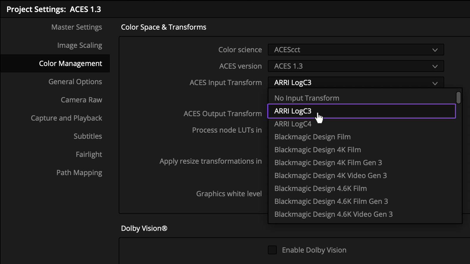 DaVinci Resolve profile select