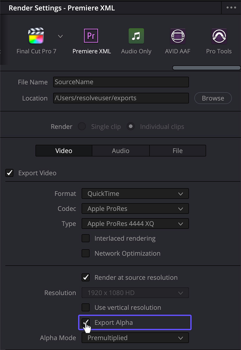 Make sure the export alpha box is checked if you need to export with Alpha from Resolve