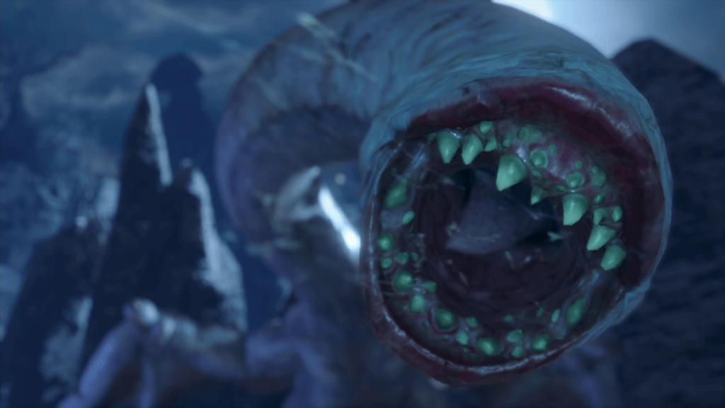 A close-up shot of the face Khezu from Monster Hunter at night. It is a wwyvern with no eyes and many teeth.