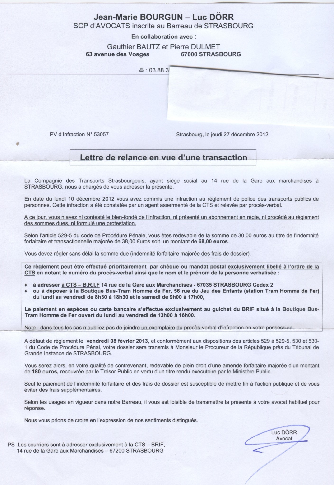 Pour La Cts A Strasbourg Une Amende A Payer Une Lettre D Avocat