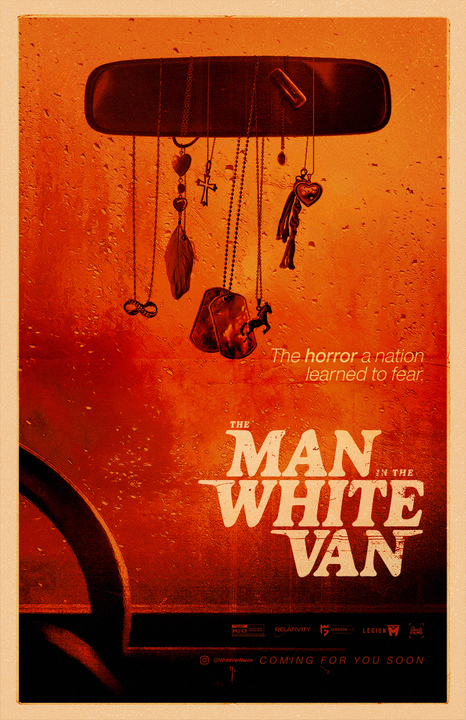 The Man in the White Van poster - young girls' necklaces dangle from killer's rearview mirror