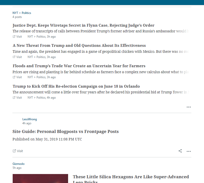 Screencapture of the WordPress reader UI in which the New York Times feed has four items collected together despite other sources being posted between them in time.