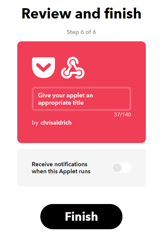 Screencapture of the Review and Finish page on IFTTT