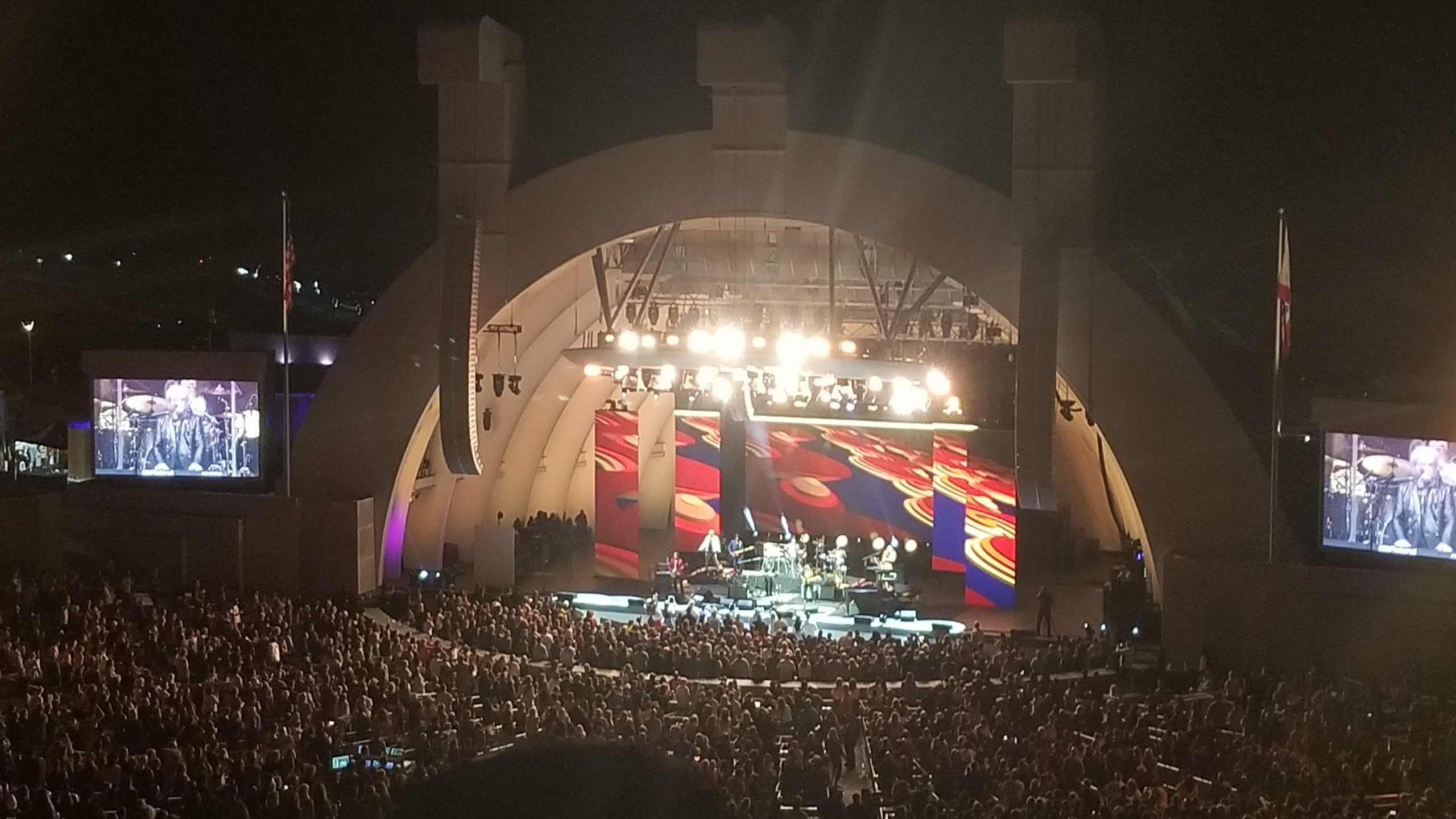 Bright lights illuminate the stage and the audience at the Hollywood Bowl