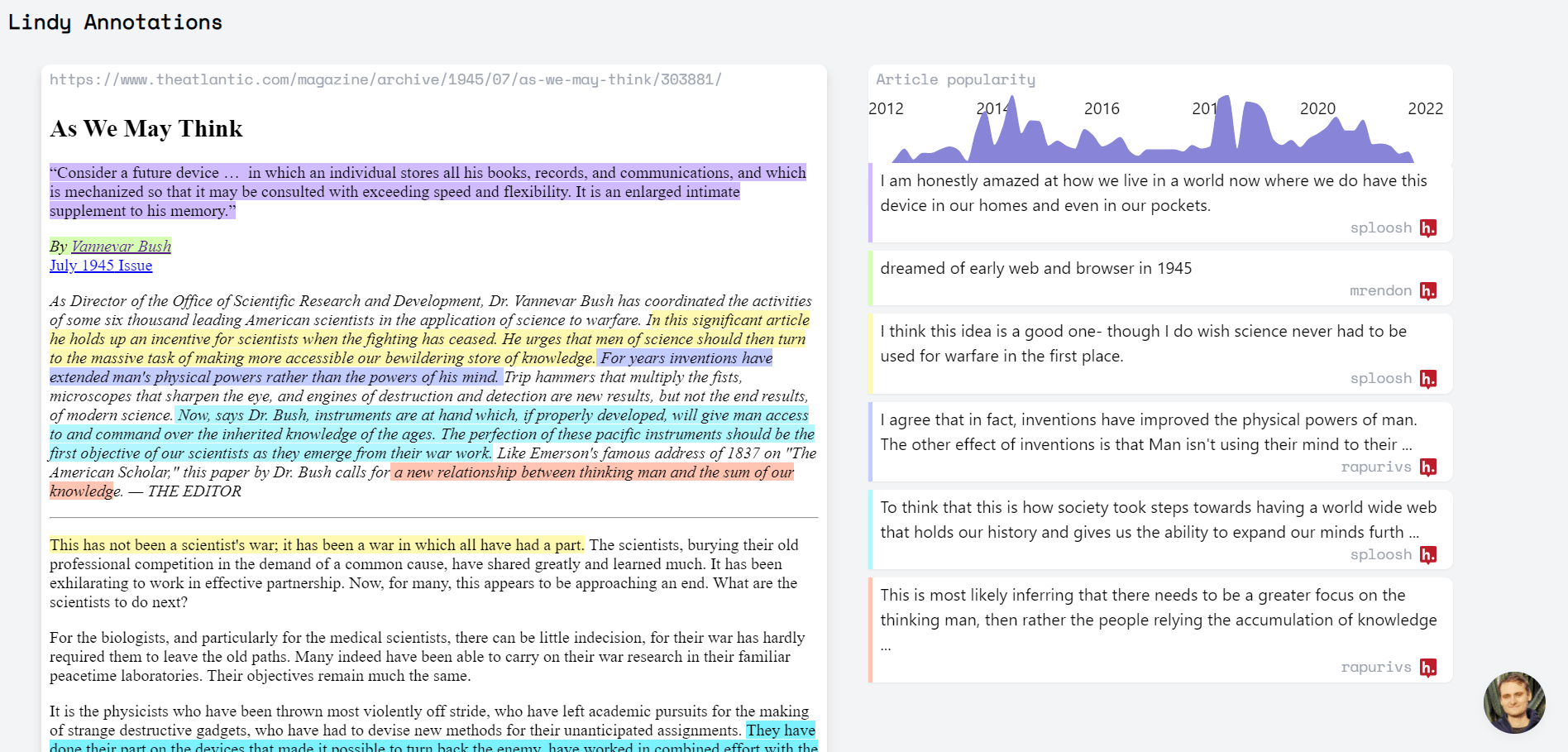 Alternate Hypothes.is UI featuring the Atlantic article As We May Think with rainbow colored highlights on one side and annotations to the right. At the top is a graph of the article's popularity showing the number of annotations over time.