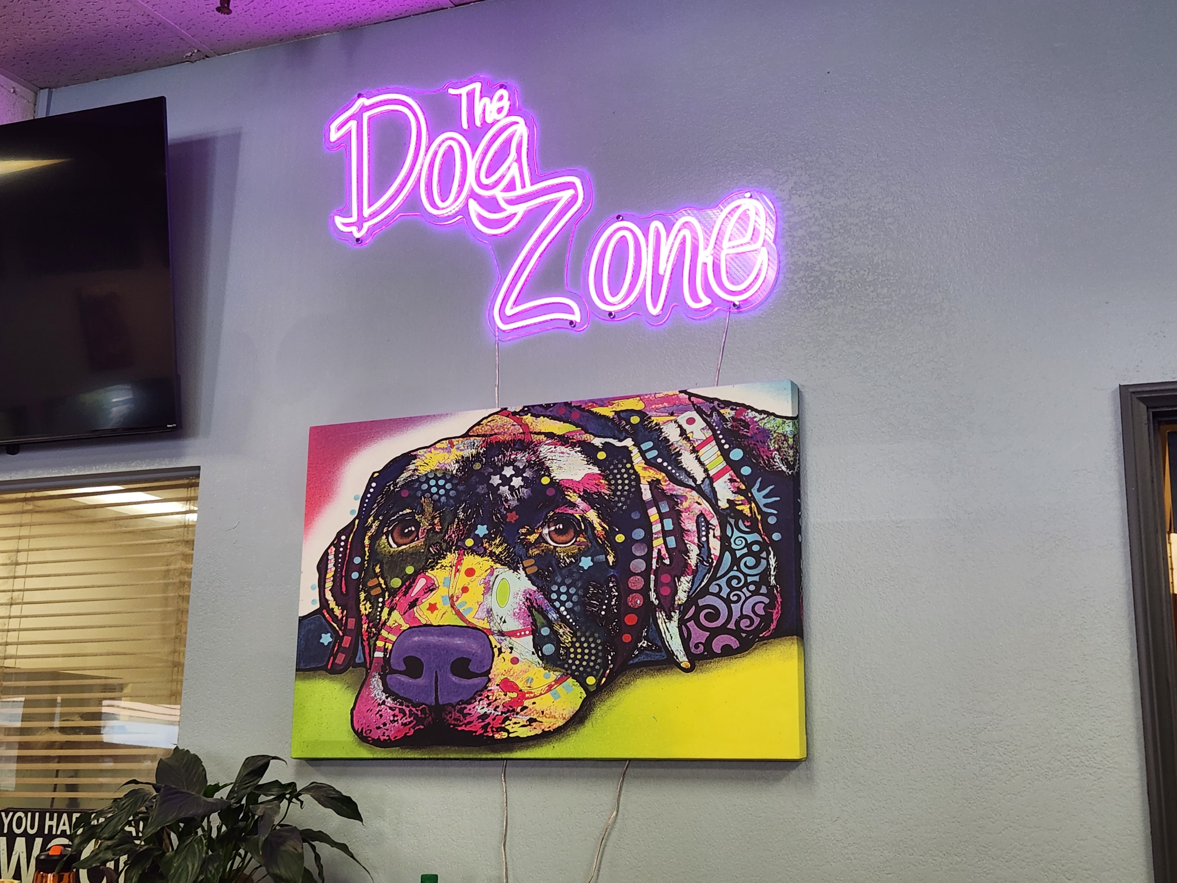 Purple "Dog Zone" neon sign above a psychedelic/abstract painting of a dog's head lying down.