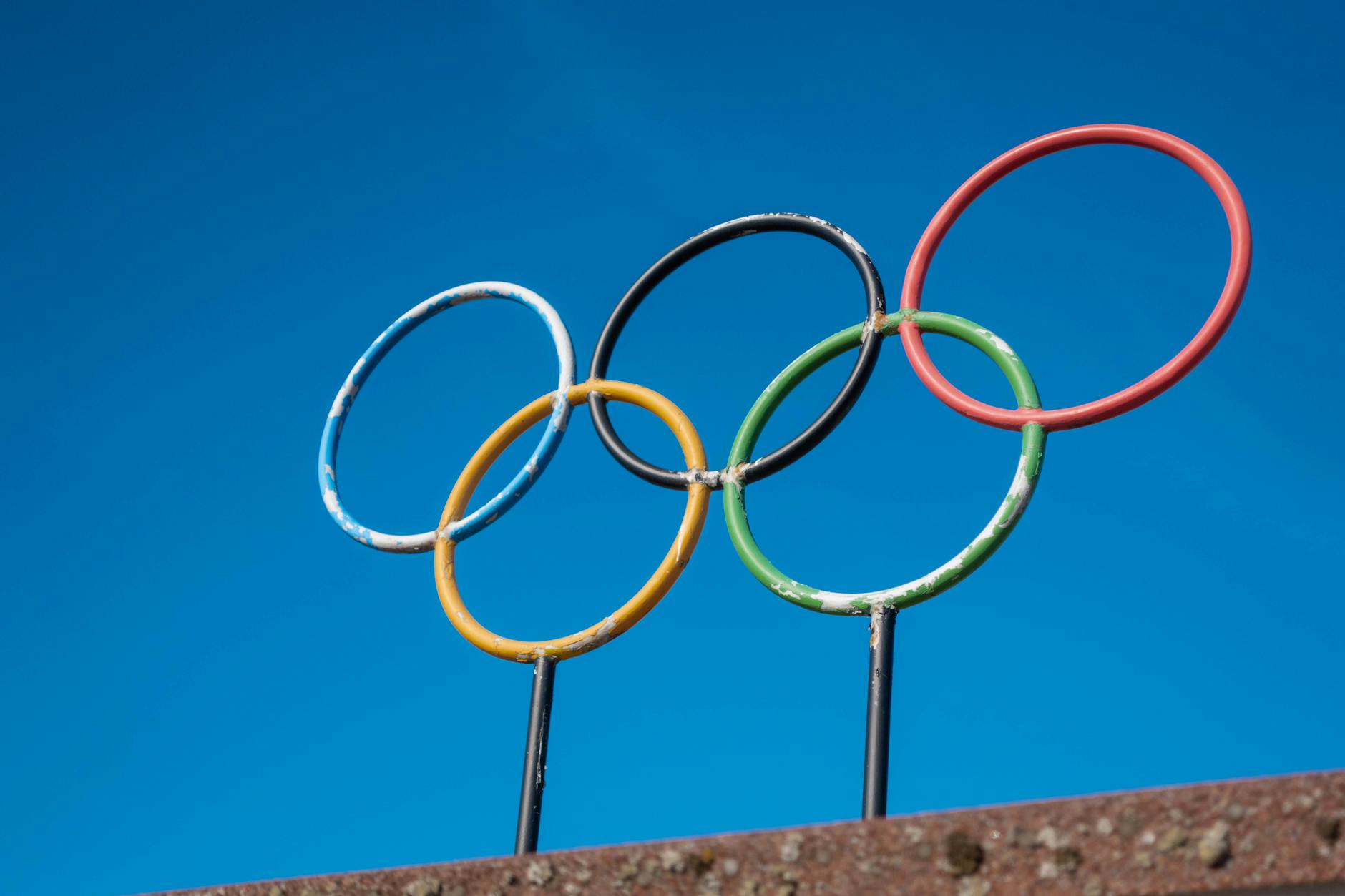 olympic rings against the background of clear blue sky