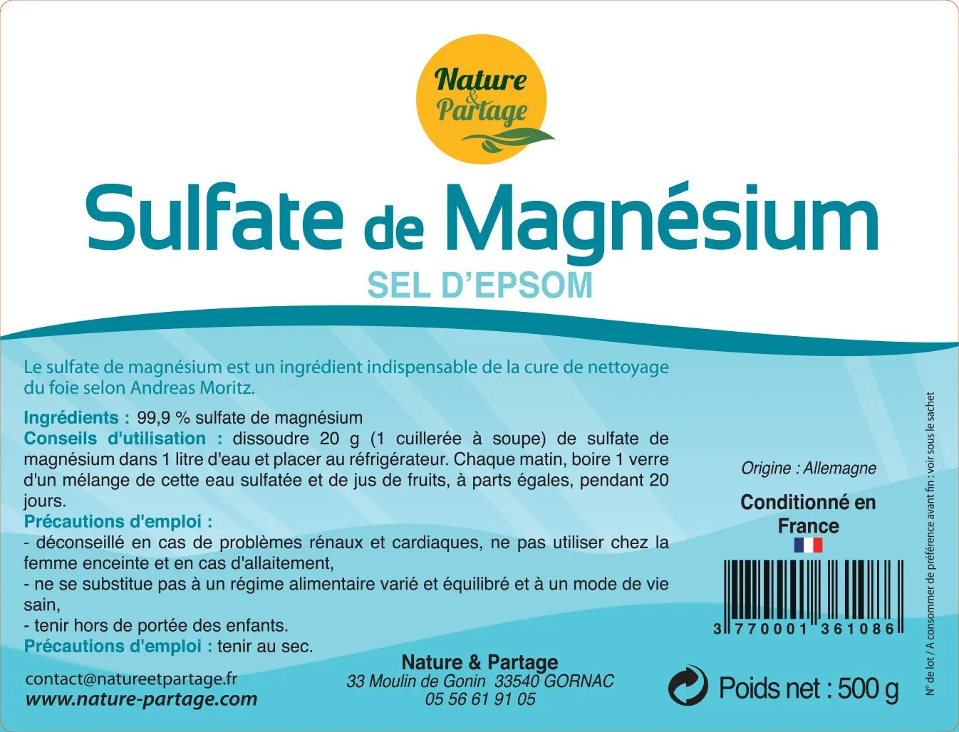 Sulfate De Magnesium Sel D Epsom 500 G Nature Et Partage