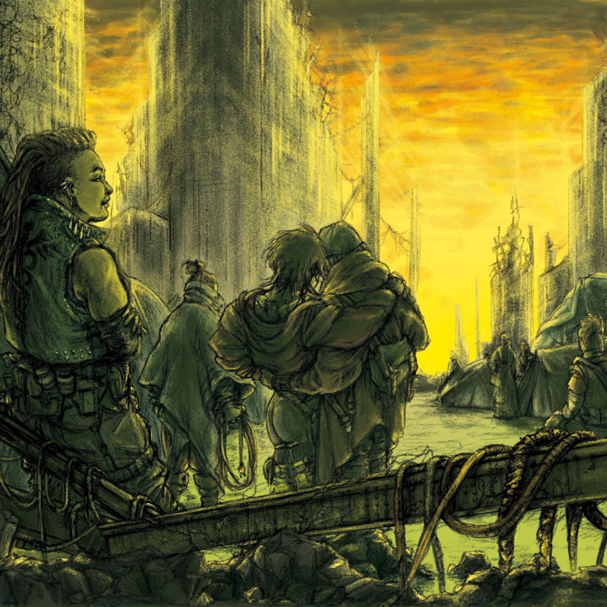 Queer people stand in a green and yellow light in a ruined city.