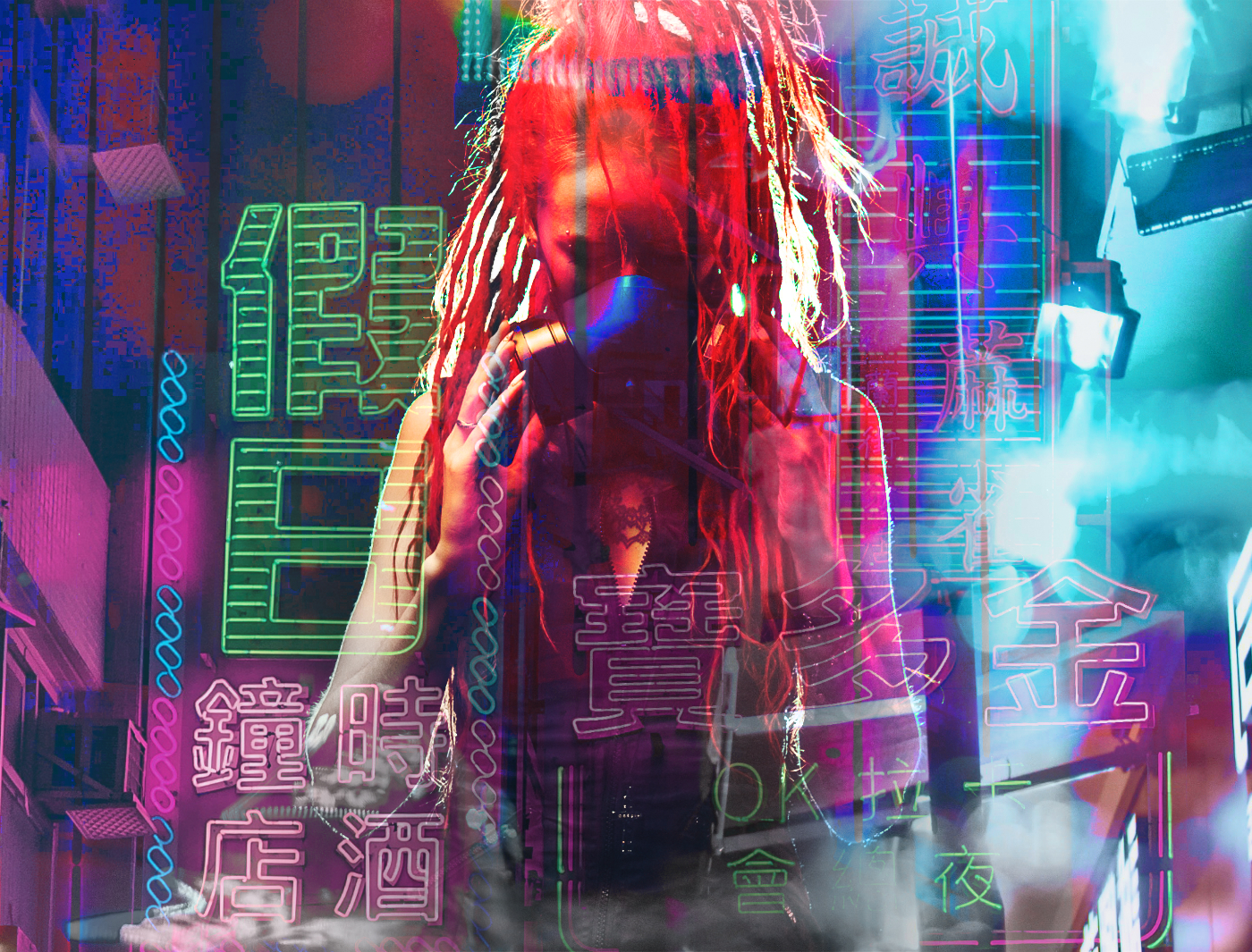 A hazy figure stands in front of a blur of neon signs.