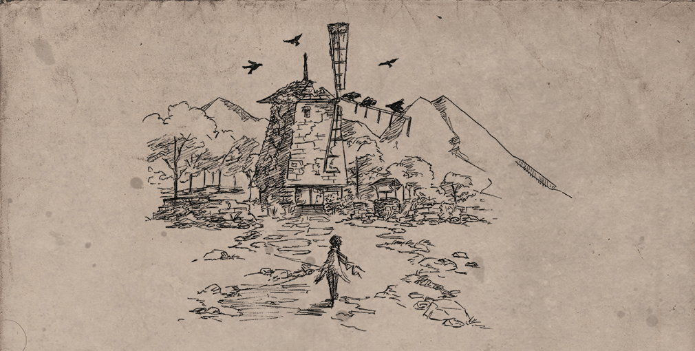 A figure walks toward an abandoned windmill in a post-civilization sketch.