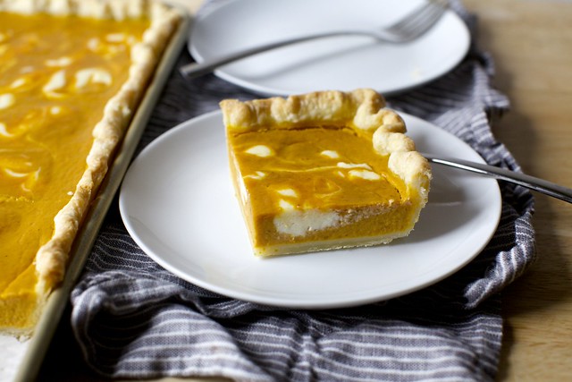 cheesecake-marbled pumpkin slab pie