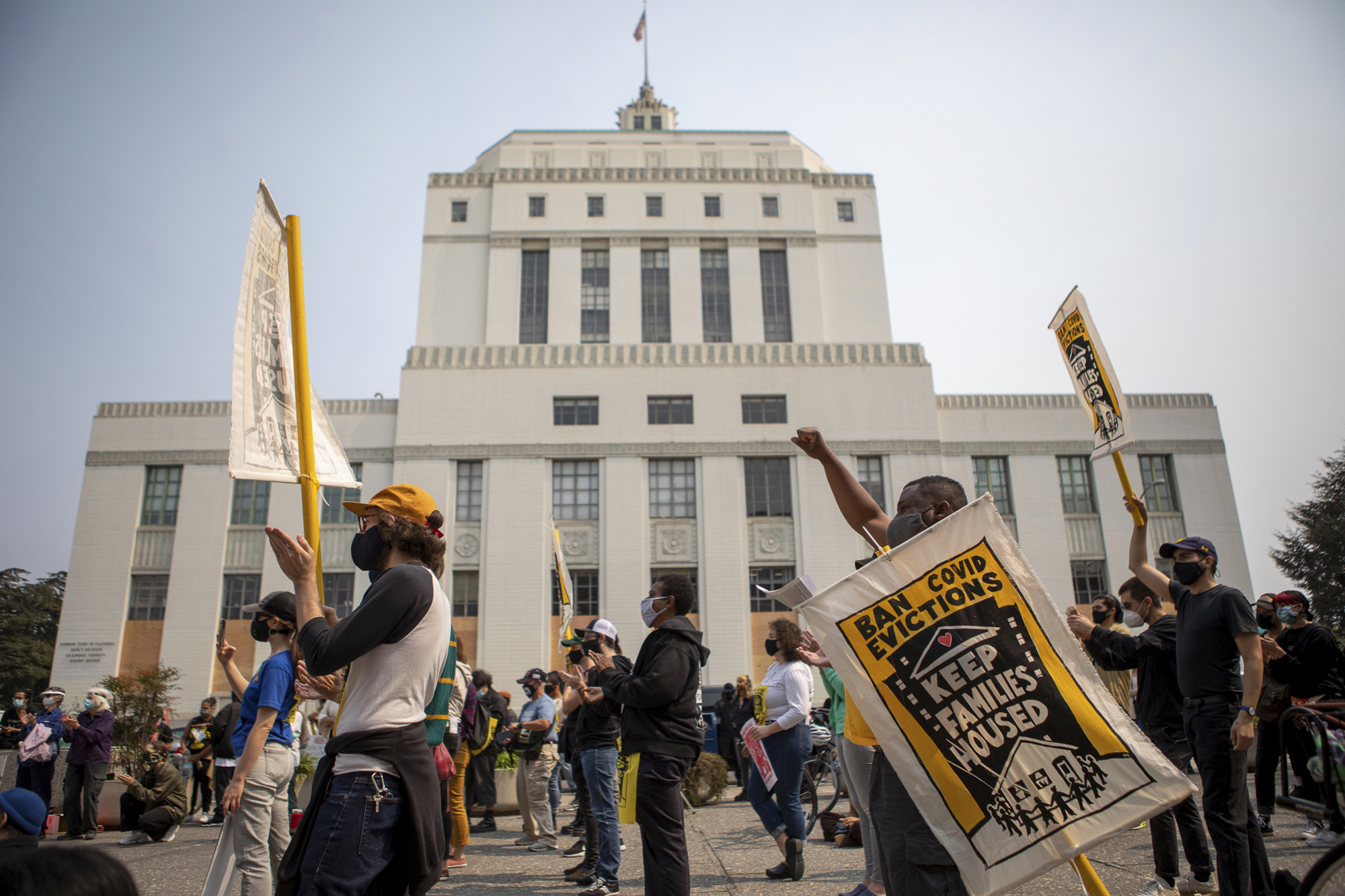 Supporters attend a Moms 4 Housing Board of SuperMOMS protest outside the County of Alameda Administrations building in Oakland on Sept. 1, 2020 following the passage of an emergency measure to block evictions until the end of January amid the pandemic. Lawmakers Photo by Anda Chu, Bay Area News Group