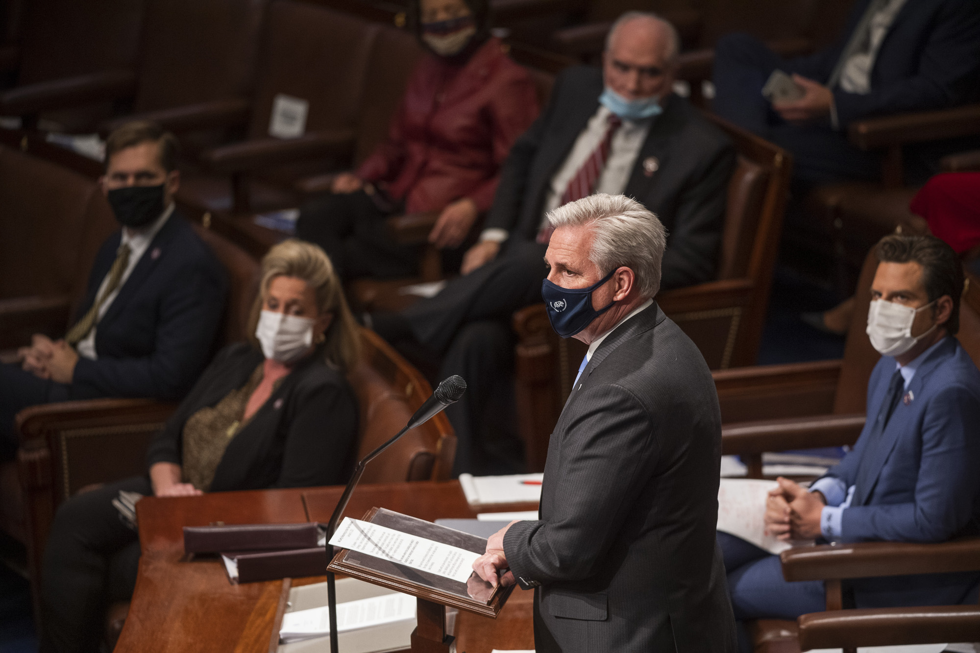 House Minority Leader Kevin McCarthy speaks in the House Chamber after they reconvened for arguments over the objection of certifying Arizona’s Electoral College votes in November’s election, at the Capitol in Washington, Jan. 6, 2021. Photo by Amanda Voisard/The Washington Post via AP, Pool