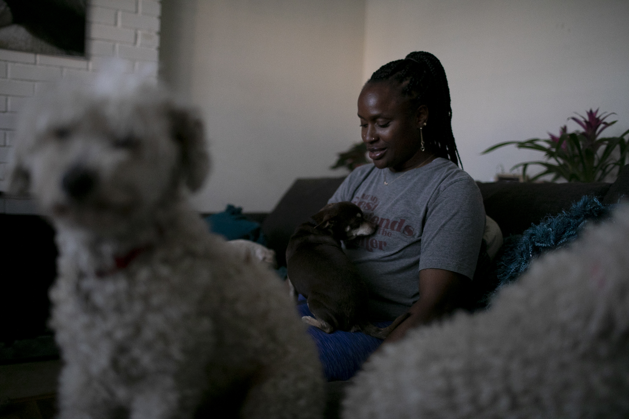 Merika Reagan plays with her dogs, Jordan, a chihuahua mix, and her two poodles, Goldie and Conseulo, in the living room of her Oakland home. Photo by Anne Wernikoff, CalMatters