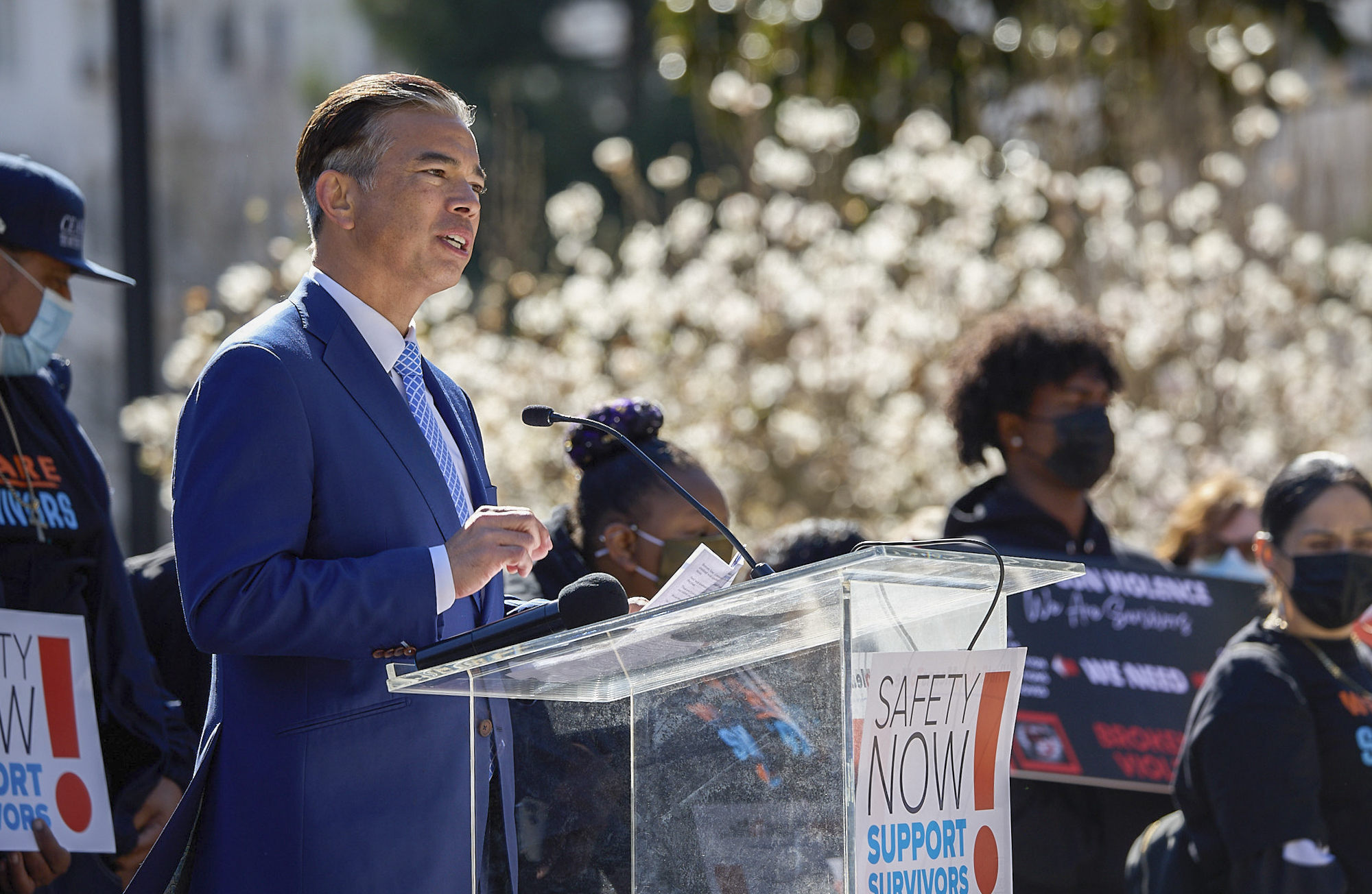 California Attorney General Rob Bonta speaks at a protest demanding the state make meaningful investments in crime prevention and healing in response to the pandemic-fueled rise in violence plaguing communities on the steps of the California State Capitol, February 23, 2022. Photo by Fred Greaves for CalMatters