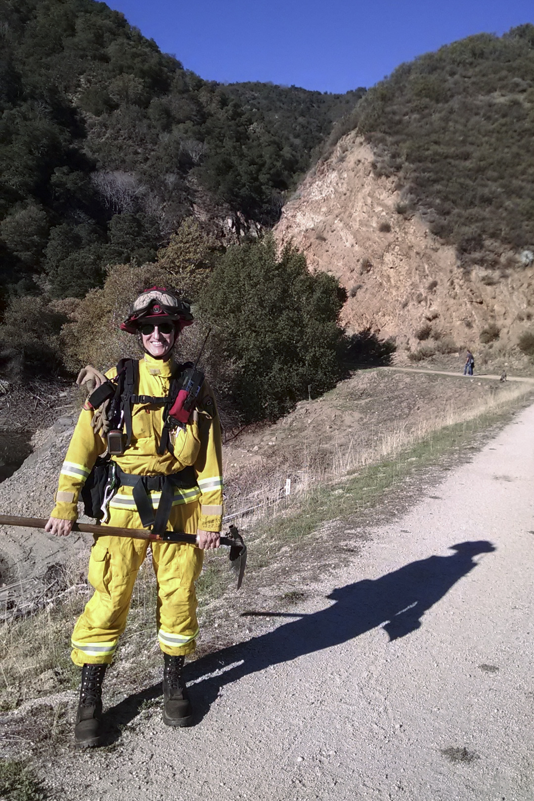 In late 2014 Noelle Bahnmiller took her crew hiking at the Carmel River, at the San Clemente Dam. "Fire season was over, it was cold, I had already cleaned and greased my boots for winter. I looked cheerful, but I couldn't sleep and I was having a lot of symptoms." Photo courtesy of Noelle Bahnmiller