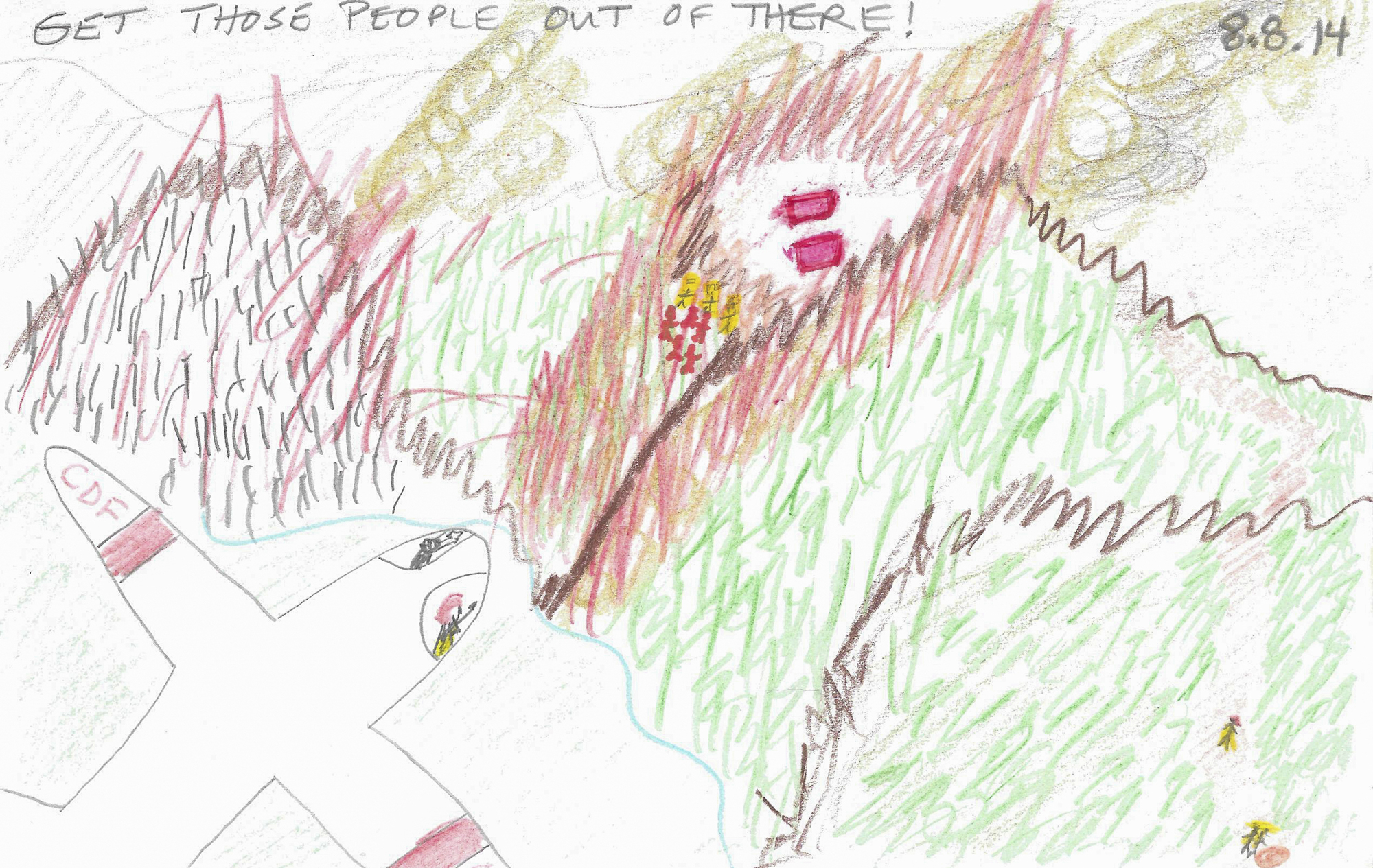 "I drew this a week after the Lodge Complex to try to make myself stop having bad memories. I thought if I got it on paper I could get it out of my head. The small stick figure in the lower right are me running back down the line to my crew waiting for me at the water tank(called a pumpkin.) The red squares are the engines that were trapped, and the other people are the firefighters who were burned. The AirAttack Supervisor said that phrase when he was trying to warn us all about the crown fire that was coming." Courtesy of Noelle Bahnmiller