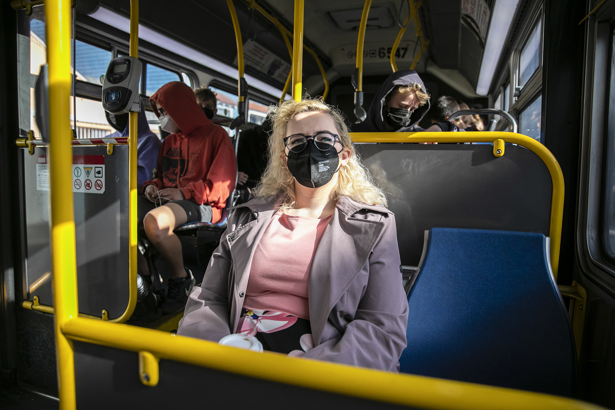Patricia Wallinga rides the bus to go to work at Gianni Middle School