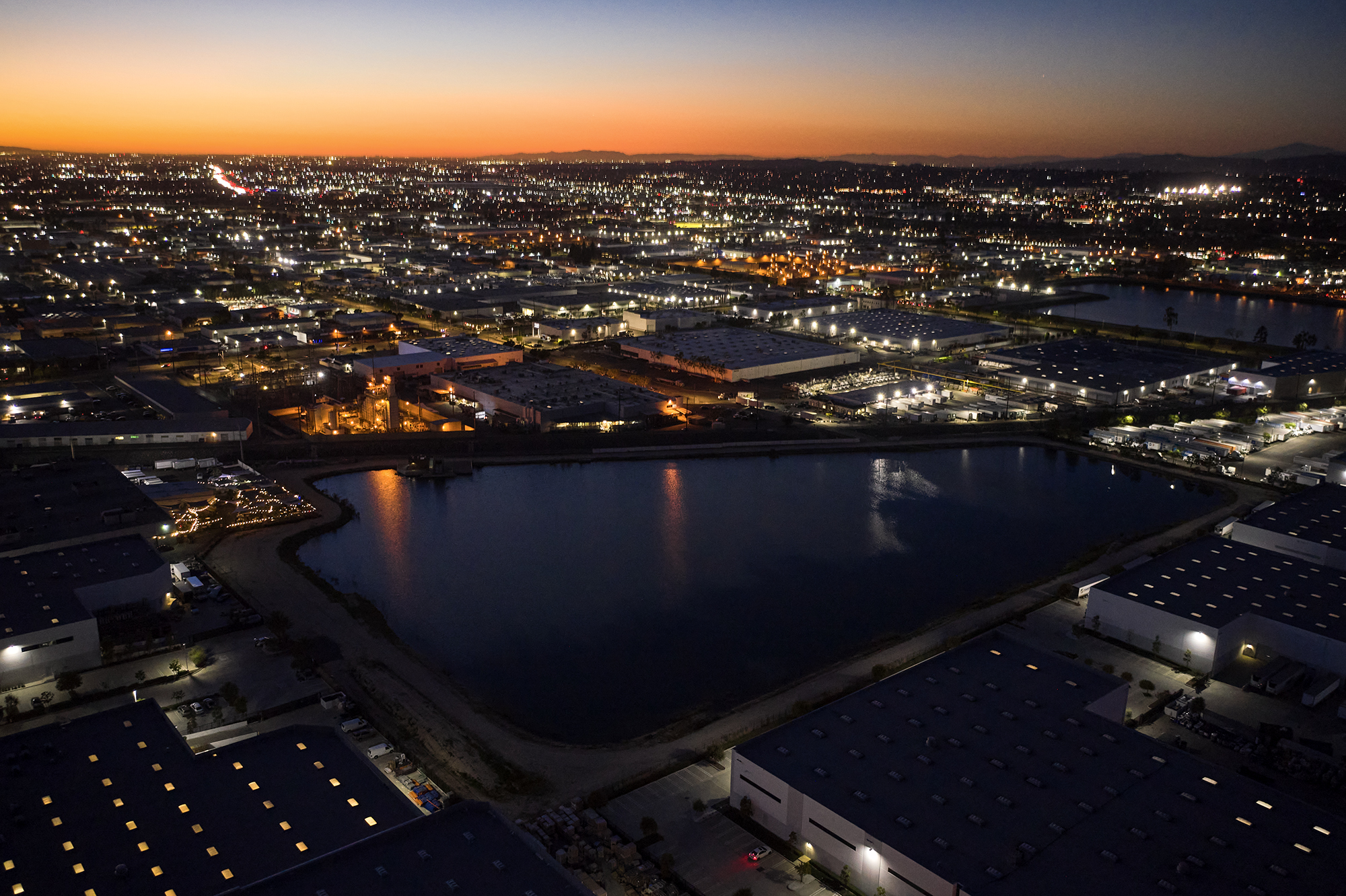 A nighttime aerial view of the La Palma Recharge Basin, built on 14 acres of former Boeing property, in Anaheim, Calif. on Jan. 26, 2023.
