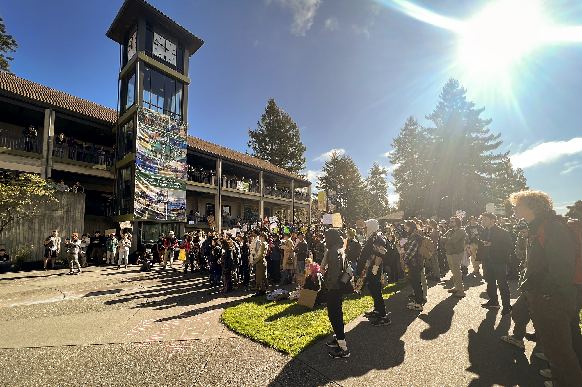 Cal Poly Humboldt students protest university housing policy changes that did not guarantee returning students on-campus housing, in front of the Gutswurrak Student Activities Center on Feb. 8, 2023.