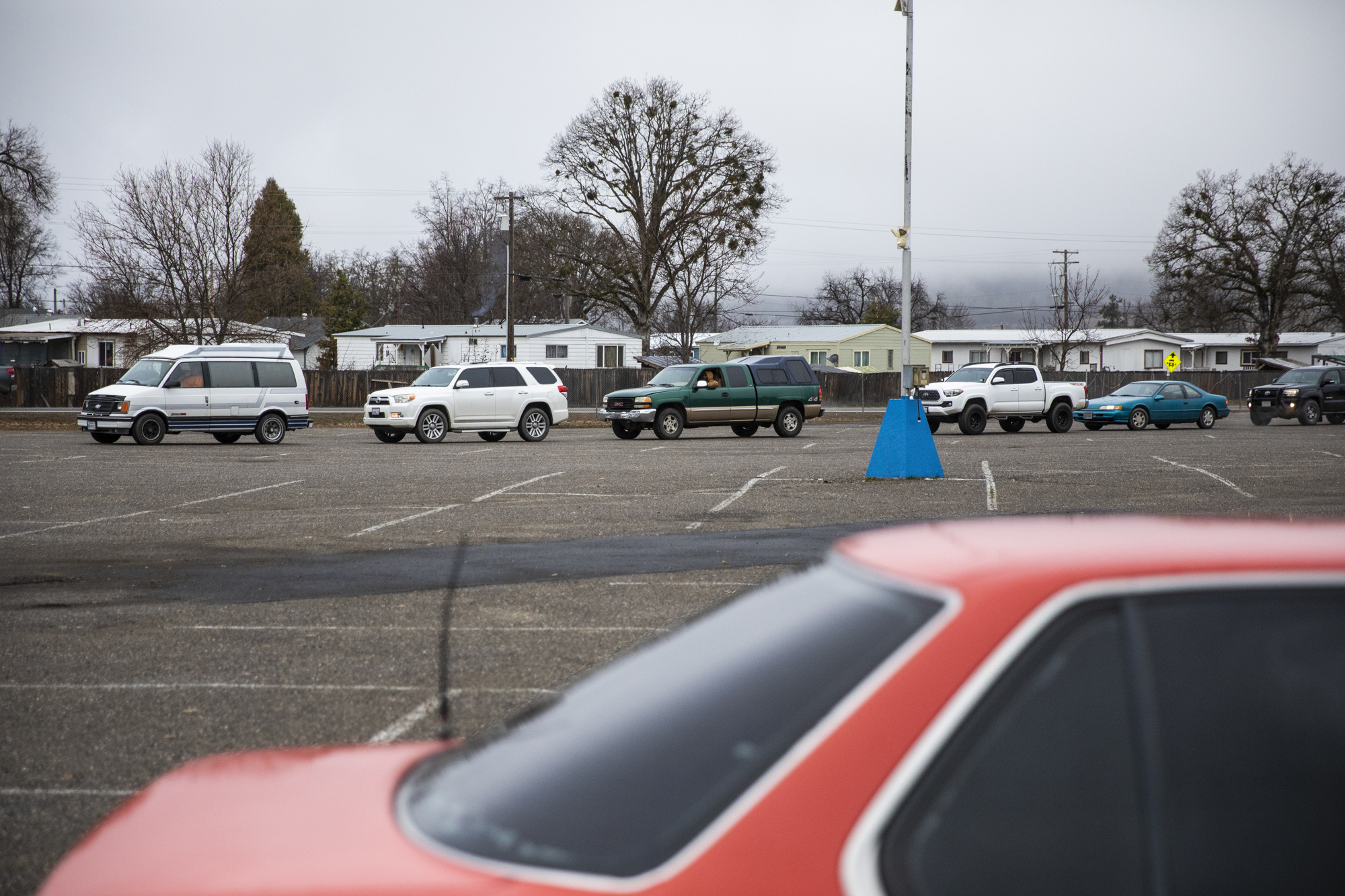 Cars line up at the Trinity County Fairgrounds for the Trinity County Food Bank distribution on Feb. 8, 2023.