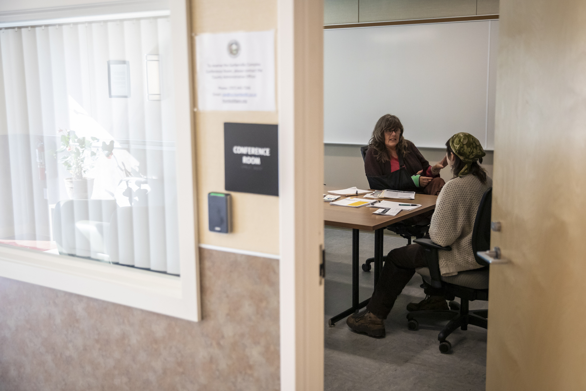 Leann Greene helps guide cannabis workers seeking job opportunities outside of the cannabis industry through a program with the Humboldt Workforce Coalition at the Humboldt County Library in Garberville on Feb. 8, 2023. 
