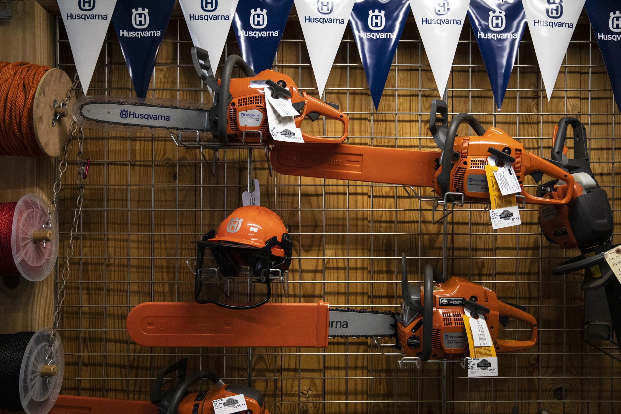 A display of chainsaws at Milt's Saw Shop in Garberville on Feb. 10, 2023. Photo by Martin do Nascimento, CalMatters
