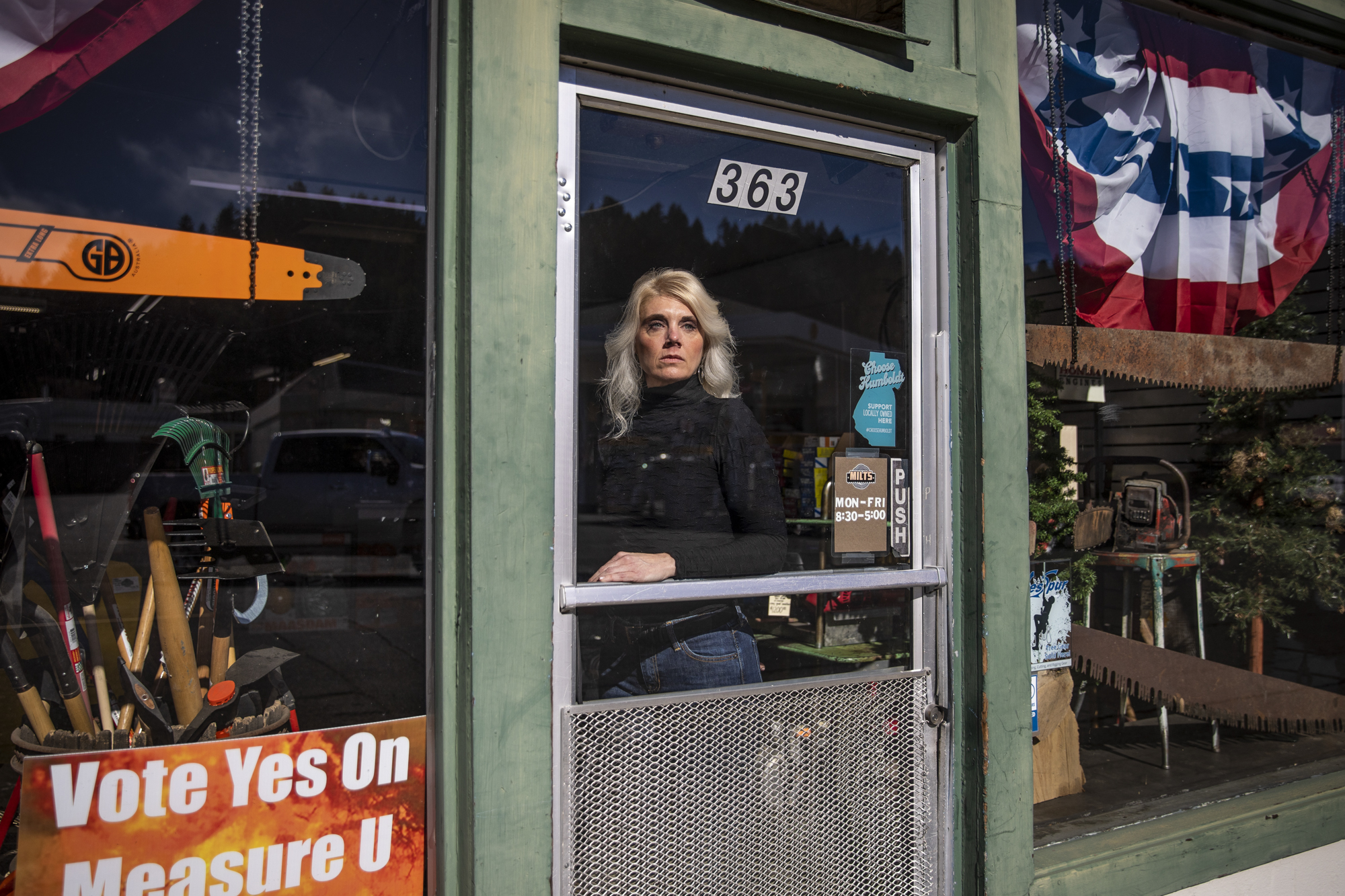 Suzanne Van Meter, the owner of Milt's Saw Shop, in Garberville on Feb. 10, 2023. Photo by Martin do Nascimento, CalMatters