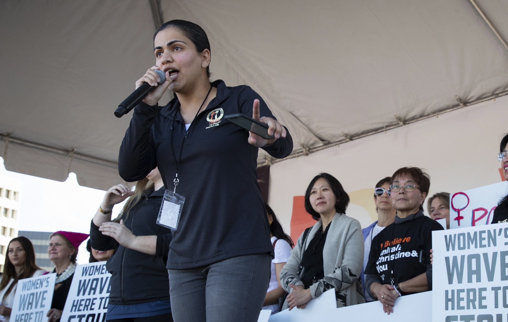 Aisha Wahab, a Democrat running for state Senate, speaks at the 2019 Women’s March San Jose. Photo by Jim Gensheimer, Special to Bay Area News Group