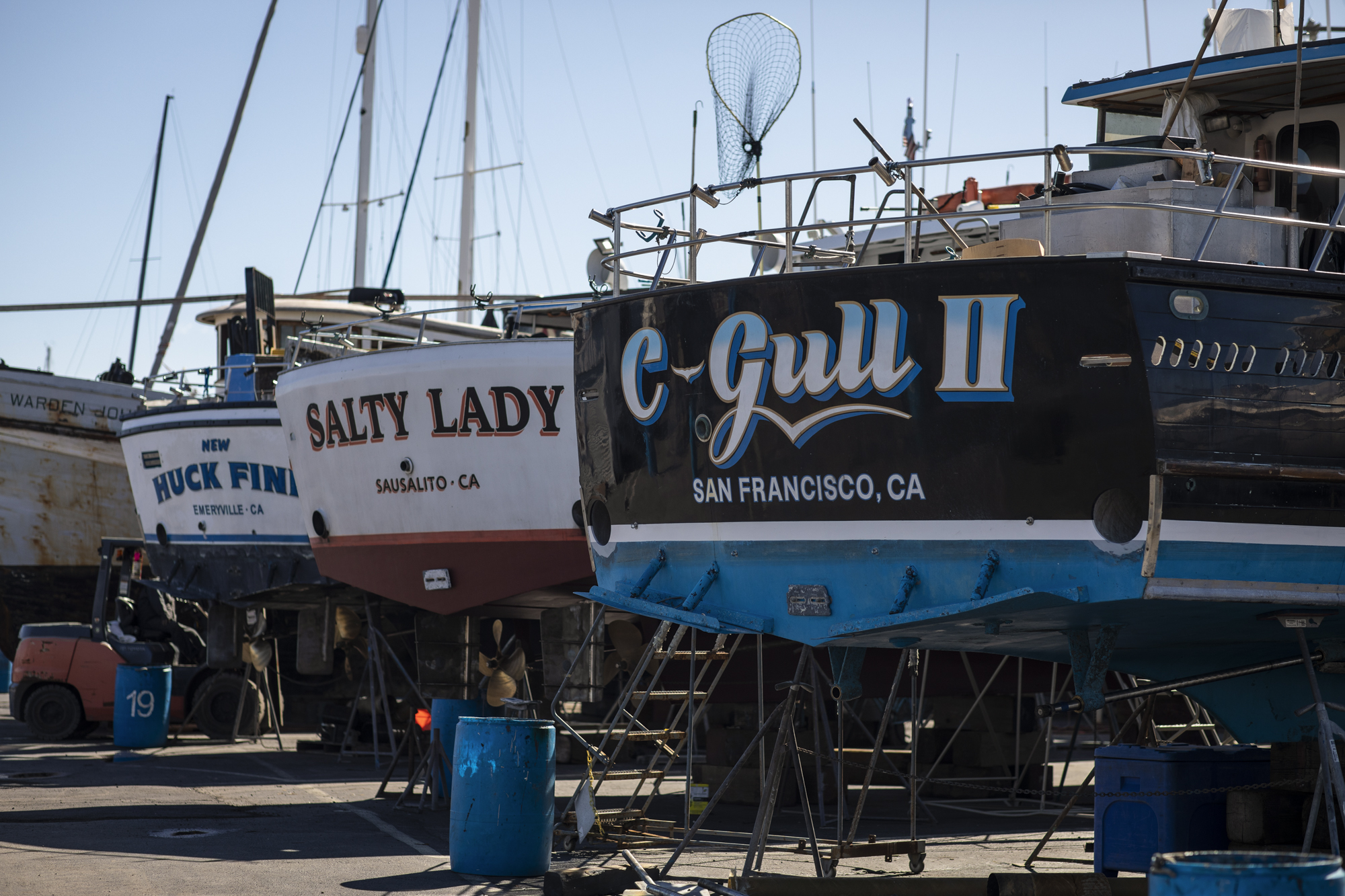 Jared Davis' boat, the Salty Lady, and others in dry dock in Richmond on Mar. 8, 2023.